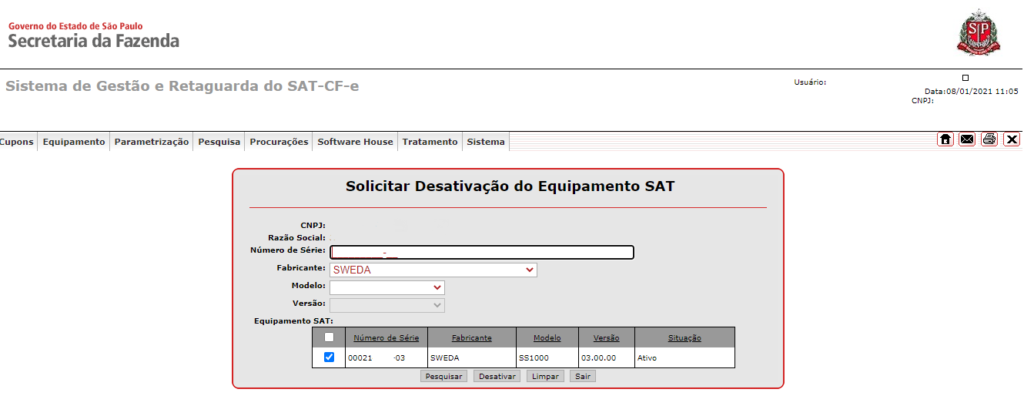 desativar equipamento sat fiscal